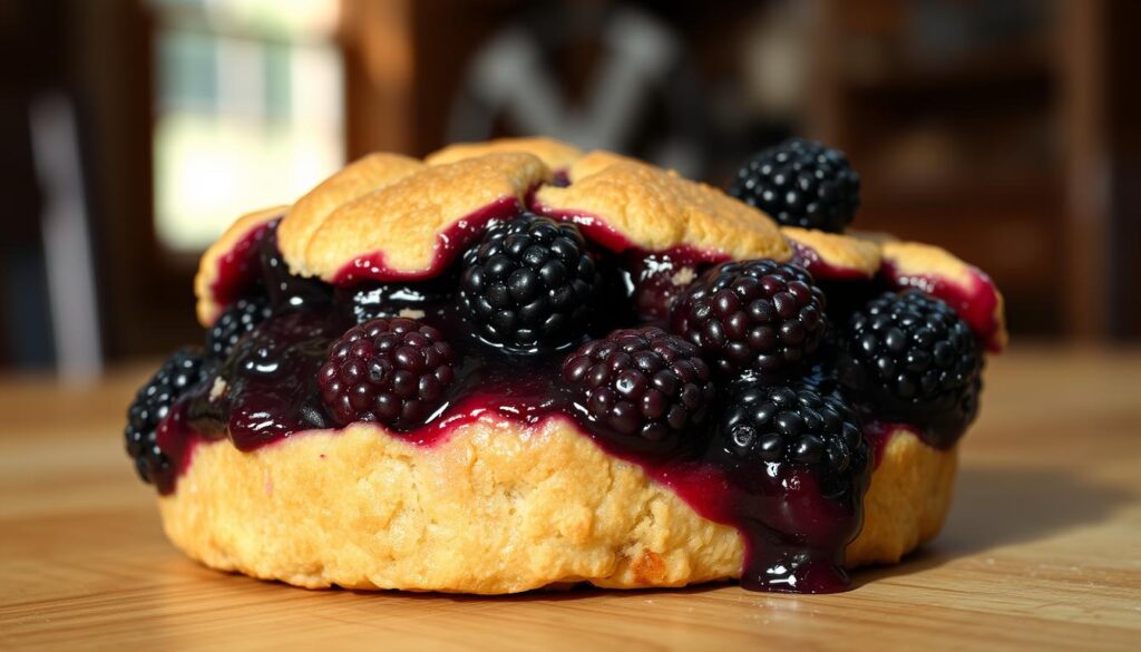 A mouthwatering blackberry cobbler, the crust a golden-brown with a flaky, buttery texture, the filling a deep, rich purple teeming with plump, juicy blackberries. The cobbler sits upon a wooden table, the light streaming in through a nearby window, casting a warm glow over the scene. The background is softly blurred, keeping the focus on the delectable dessert. The image exudes a cozy, homey atmosphere, inviting the viewer to dive in and savor every bite of this classic Southern comfort food. A mouthwatering blackberry cobbler, the crust a golden-brown with a flaky, buttery texture, the filling a deep, rich purple teeming with plump, juicy blackberries. The cobbler sits upon a wooden table, the light streaming in through a nearby window, casting a warm glow over the scene. The background is softly blurred, keeping the focus on the delectable dessert. The image exudes a cozy, homey atmosphere, inviting the viewer to dive in and savor every bite of this classic Southern comfort food.