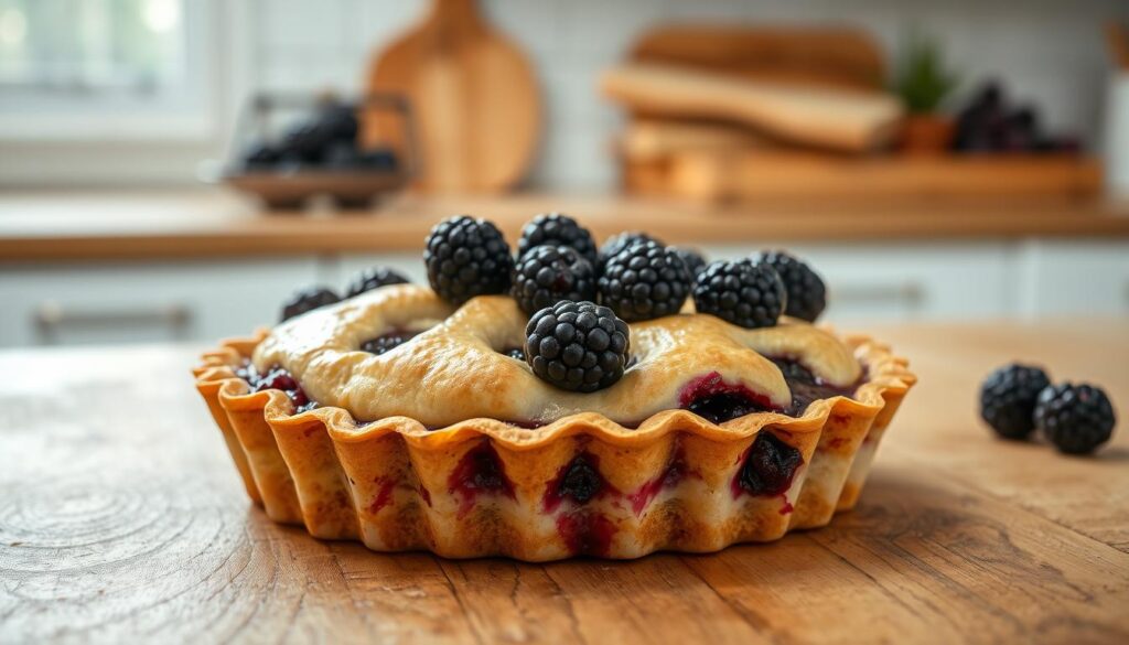 A mouthwatering blackberry pie, freshly baked with a golden-brown crust, sits atop a rustic wooden table. The filling oozes with juicy, plump blackberries, their deep purple hues contrasting beautifully against the flaky pastry. Warm lighting from above casts a gentle glow, highlighting the pie's enticing aroma and inviting texture. In the background, a simple, minimalist kitchen setting provides a clean, uncluttered backdrop, allowing the pie to take center stage. The composition is balanced, with the pie positioned slightly off-center, drawing the viewer's eye to its delectable appearance. This image perfectly captures the essence of a delicious and easy-to-make blackberry pie bar, ready to be savored and enjoyed. A mouthwatering blackberry pie, freshly baked with a golden-brown crust, sits atop a rustic wooden table. The filling oozes with juicy, plump blackberries, their deep purple hues contrasting beautifully against the flaky pastry. Warm lighting from above casts a gentle glow, highlighting the pie's enticing aroma and inviting texture. In the background, a simple, minimalist kitchen setting provides a clean, uncluttered backdrop, allowing the pie to take center stage. The composition is balanced, with the pie positioned slightly off-center, drawing the viewer's eye to its delectable appearance. This image perfectly captures the essence of a delicious and easy-to-make blackberry pie bar, ready to be savored and enjoyed.