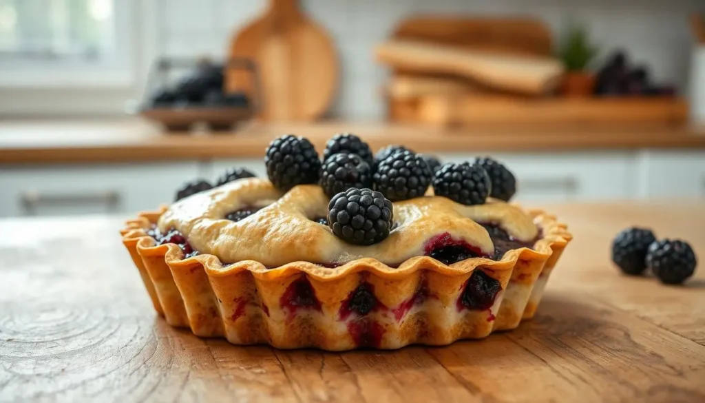 A mouthwatering blackberry pie, freshly baked with a golden-brown crust, sits atop a rustic wooden table. The filling oozes with juicy, plump blackberries, their deep purple hues contrasting beautifully against the flaky pastry. Warm lighting from above casts a gentle glow, highlighting the pie's enticing aroma and inviting texture. In the background, a simple, minimalist kitchen setting provides a clean, uncluttered backdrop, allowing the pie to take center stage. The composition is balanced, with the pie positioned slightly off-center, drawing the viewer's eye to its delectable appearance. This image perfectly captures the essence of a delicious and easy-to-make blackberry pie bar, ready to be savored and enjoyed. A-mouthwatering-blackberry-pie-freshly-baked-with-a-golden-brown-crust-sits-atop-a-rustic
