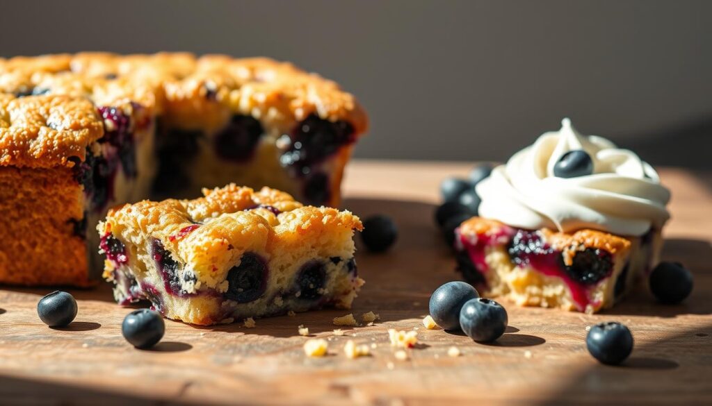 A mouthwatering blueberry dump cake, freshly baked and glistening with a golden crust. In the foreground, the cake sits on a rustic wooden surface, its vibrant blueberries peeking through the buttery layers. Soft shadows cast across the scene, creating a cozy, inviting ambiance. The middle ground features a creamy swirl of cream cheese, complementing the jammy blueberry filling. Warm, natural lighting bathes the scene, highlighting the cake's luscious texture and the delicate crumbs spilling onto the surface. In the background, a simple, minimalist backdrop allows the cake to take center stage, beckoning the viewer to indulge in this decadent, homemade dessert.