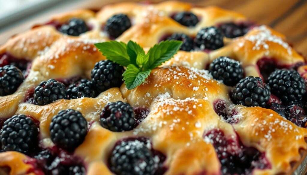 A mouthwatering close-up of a freshly baked blackberry cobbler, its golden crust glistening in the soft, natural lighting. The plump, juicy blackberries peek through the flaky, buttery pastry, arranged in a rustic, homemade style. The cobbler is set on a wooden table, with a light sprinkling of powdered sugar and a few fresh mint leaves adding a touch of elegance. The scene exudes a comforting, inviting atmosphere, capturing the essence of a classic, homemade dessert. A mouthwatering close-up of a freshly baked blackberry cobbler, its golden crust glistening in the soft, natural lighting. The plump, juicy blackberries peek through the flaky, buttery pastry, arranged in a rustic, homemade style. The cobbler is set on a wooden table, with a light sprinkling of powdered sugar and a few fresh mint leaves adding a touch of elegance. The scene exudes a comforting, inviting atmosphere, capturing the essence of a classic, homemade dessert.