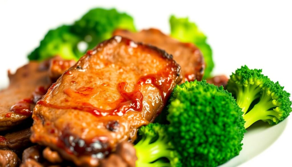 A mouthwatering close-up of a keto-friendly beef and broccoli dish, set against a minimalist white background. The tender beef slices are seared to perfection, glistening with a savory sauce. Fresh, vibrant broccoli florets are nestled alongside, their deep green hues contrasting beautifully. Subtle, warm lighting from the side accentuates the dish's textures and highlights the enticing visual appeal. The composition is clean and uncluttered, allowing the star ingredients to shine. An appetizing, low-carb culinary scene that captures the essence of the "Keto Low Carb Beef and Broccoli" concept. A mouthwatering close-up of a keto-friendly beef and broccoli dish, set against a minimalist white background. The tender beef slices are seared to perfection, glistening with a savory sauce. Fresh, vibrant broccoli florets are nestled alongside, their deep green hues contrasting beautifully. Subtle, warm lighting from the side accentuates the dish's textures and highlights the enticing visual appeal. The composition is clean and uncluttered, allowing the star ingredients to shine. An appetizing, low-carb culinary scene that captures the essence of the "Keto Low Carb Beef and Broccoli" concept.