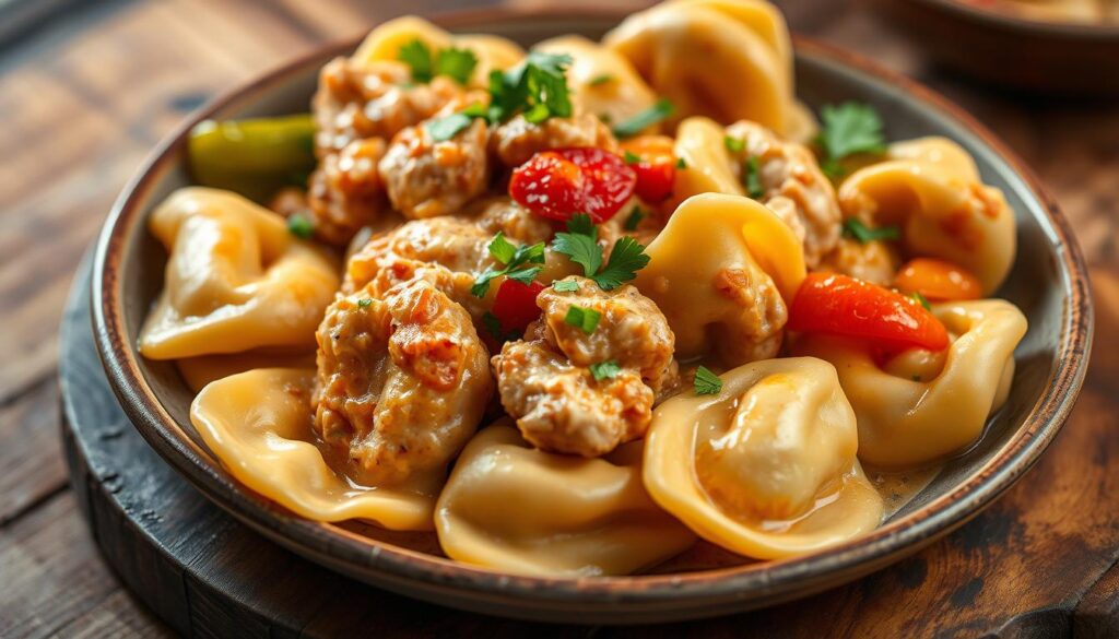 A mouthwatering close-up of creamy cajun chicken tortellini, perfectly al dente pasta pouches filled with tender chicken in a rich, spicy cajun-style cream sauce. Gently simmered vegetables like bell peppers and onions add colorful accents, while a sprinkle of chopped parsley lends a fresh, herbal note. Plated on a rustic wooden surface, the tortellini glisten under soft, warm lighting, inviting the viewer to dive in and savor the bold, comforting flavors. The image conveys the dish's irresistible creaminess and addictive cajun kick, capturing the essence of a truly delectable and satisfying dinner.
