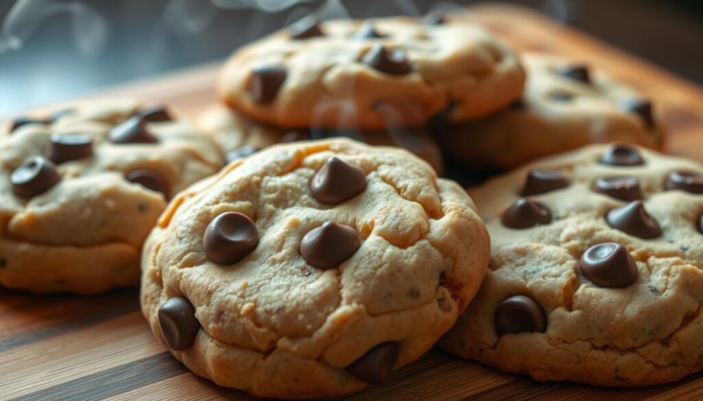 A mouthwatering close-up of freshly baked, soft and chewy chocolate chip cookies, arranged on a wooden cutting board. The cookies have a golden-brown exterior and are studded with gooey, melted chocolate chips. Warm steam rises from the cookies, creating a cozy, inviting atmosphere. The scene is evenly lit from above, casting gentle shadows and highlighting the delectable details. The camera angle is slightly elevated, showcasing the irresistible texture and tempting aroma of these classic, homemade treats. The overall mood is one of comforting indulgence, perfectly capturing the essence of "The Best Soft Chocolate Chip Cookies." A mouthwatering close-up of freshly baked, soft and chewy chocolate chip cookies, arranged on a wooden cutting board. The cookies have a golden-brown exterior and are studded with gooey, melted chocolate chips. Warm steam rises from the cookies, creating a cozy, inviting atmosphere. The scene is evenly lit from above, casting gentle shadows and highlighting the delectable details. The camera angle is slightly elevated, showcasing the irresistible texture and tempting aroma of these classic, homemade treats. The overall mood is one of comforting indulgence, perfectly capturing the essence of "The Best Soft Chocolate Chip Cookies."