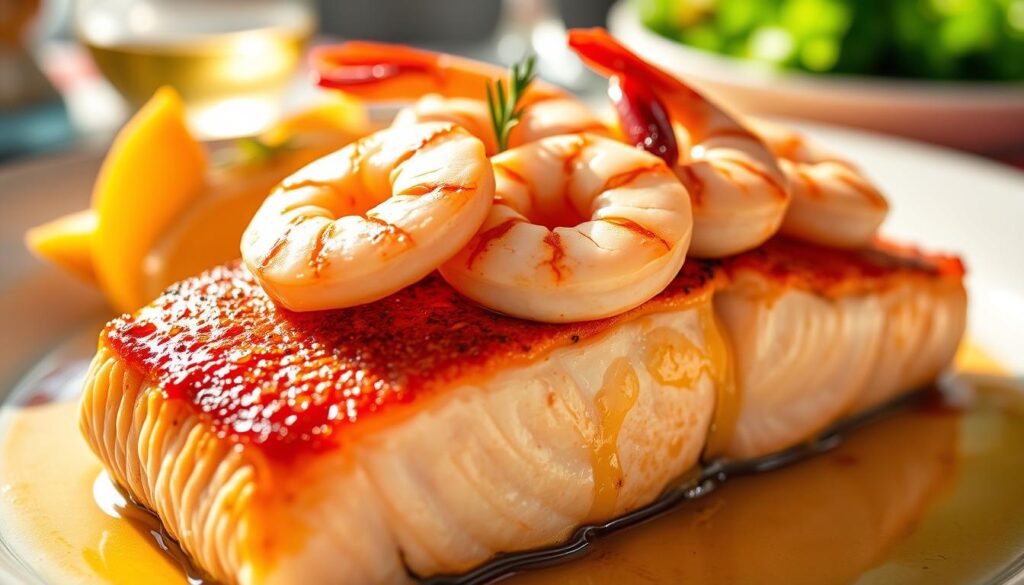 A mouthwatering close-up of shrimp-topped salmon, shot with a wide-angle lens in warm, natural lighting. The salmon fillet glistens with a golden-brown crust, while juicy, pink shrimp are artfully arranged on top, evoking the delightful fusion of flavors. The composition emphasizes the dish's centerpiece, framed by a softly blurred background that suggests an elegant dining setting. Highlights and shadows accentuate the dish's textures, creating an inviting, appetizing atmosphere that perfectly captures the essence of "Easy Delicious Shrimp Stuffed Salmon." A mouthwatering close-up of shrimp-topped salmon, shot with a wide-angle lens in warm, natural lighting. The salmon fillet glistens with a golden-brown crust, while juicy, pink shrimp are artfully arranged on top, evoking the delightful fusion of flavors. The composition emphasizes the dish's centerpiece, framed by a softly blurred background that suggests an elegant dining setting. Highlights and shadows accentuate the dish's textures, creating an inviting, appetizing atmosphere that perfectly captures the essence of "Easy Delicious Shrimp Stuffed Salmon."