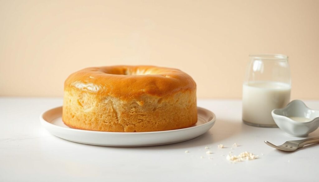 A mouthwatering condensed milk cake, freshly baked, sits on a plain white platter against a pastel backdrop. The cake's golden-brown crust glistens under soft, flattering lighting, revealing its delicate, fluffy texture. Wisps of steam rise from the cake, adding to the inviting atmosphere. Nearby, a glass of fresh milk and a few simple ingredients, like a can of condensed milk and a mixing bowl, are arranged in an elegant, minimalist composition. The overall scene exudes a sense of homemade comfort and the art of baking with this versatile dairy staple. A mouthwatering condensed milk cake, freshly baked, sits on a plain white platter against a pastel backdrop. The cake's golden-brown crust glistens under soft, flattering lighting, revealing its delicate, fluffy texture. Wisps of steam rise from the cake, adding to the inviting atmosphere. Nearby, a glass of fresh milk and a few simple ingredients, like a can of condensed milk and a mixing bowl, are arranged in an elegant, minimalist composition. The overall scene exudes a sense of homemade comfort and the art of baking with this versatile dairy staple.