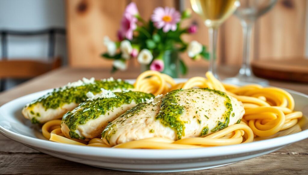 A mouthwatering creamy pesto chicken dish set against a warm, cozy kitchen backdrop. In the foreground, tender chicken breasts lightly coated in a rich, vibrant pesto sauce, glistening under soft, natural lighting. In the middle ground, freshly cooked pasta swirls around the chicken, complemented by a sprinkle of Parmesan cheese. The background features a rustic wooden table, with a simple floral arrangement and a glass of white wine, creating an inviting, homely atmosphere. The overall scene conveys a sense of effortless elegance and the comforting flavors of a delectable, easy-to-make dinner.