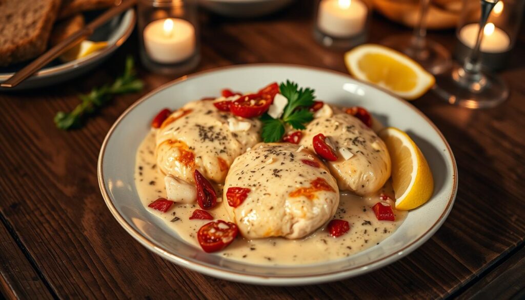 A mouthwatering dish of creamy tuscan chicken rests on a rustic wooden table, the centerpiece of a cozy, candlelit dining scene. Juicy chicken breasts are smothered in a silky, garlic-infused cream sauce, accented with tangy sun-dried tomatoes, fragrant herbs, and shredded parmesan. The meal is plated elegantly, with a sprinkle of fresh parsley and a wedge of lemon providing a bright contrast. Soft, ambient lighting casts a warm glow, highlighting the rich, comforting textures and aromas of this tempting tuscan-inspired creation.