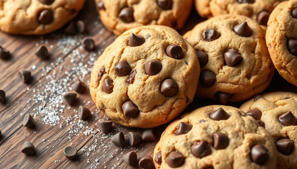 A mouthwatering display of freshly baked peanut butter chocolate chip cookies, perfectly golden-brown and dotted with rich, melty chocolate chips. The cookies are arranged in a casual, inviting manner on a rustic wooden surface, surrounded by a few scattered chocolate chips and a light dusting of powdered sugar. Warm, natural lighting illuminates the scene, highlighting the cookies' irresistible texture and the gooey, tempting chocolate within. The overall composition evokes a cozy, homemade atmosphere, inviting the viewer to imagine the delightful aroma and satisfying flavors of these indulgent, comforting treats. A mouthwatering display of freshly baked peanut butter chocolate chip cookies, perfectly golden-brown and dotted with rich, melty chocolate chips. The cookies are arranged in a casual, inviting manner on a rustic wooden surface, surrounded by a few scattered chocolate chips and a light dusting of powdered sugar. Warm, natural lighting illuminates the scene, highlighting the cookies' irresistible texture and the gooey, tempting chocolate within. The overall composition evokes a cozy, homemade atmosphere, inviting the viewer to imagine the delightful aroma and satisfying flavors of these indulgent, comforting treats.