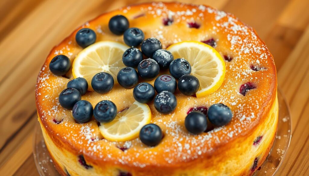 A mouthwatering lemon blueberry cake sits on a wooden table, its golden-brown crust glistening under warm, natural lighting. The cake's surface is adorned with plump, juicy blueberries that burst with vibrant color, complemented by thin slices of fresh lemon that add a zesty contrast. The cake's interior is revealed, showcasing its soft, moist crumb and the perfect balance of tangy lemon and sweet blueberry flavors. A light dusting of powdered sugar adds a delicate finishing touch, creating an irresistible and visually appealing dessert that captures the essence of springtime. A mouthwatering lemon blueberry cake sits on a wooden table, its golden-brown crust glistening under warm, natural lighting. The cake's surface is adorned with plump, juicy blueberries that burst with vibrant color, complemented by thin slices of fresh lemon that add a zesty contrast. The cake's interior is revealed, showcasing its soft, moist crumb and the perfect balance of tangy lemon and sweet blueberry flavors. A light dusting of powdered sugar adds a delicate finishing touch, creating an irresistible and visually appealing dessert that captures the essence of springtime.