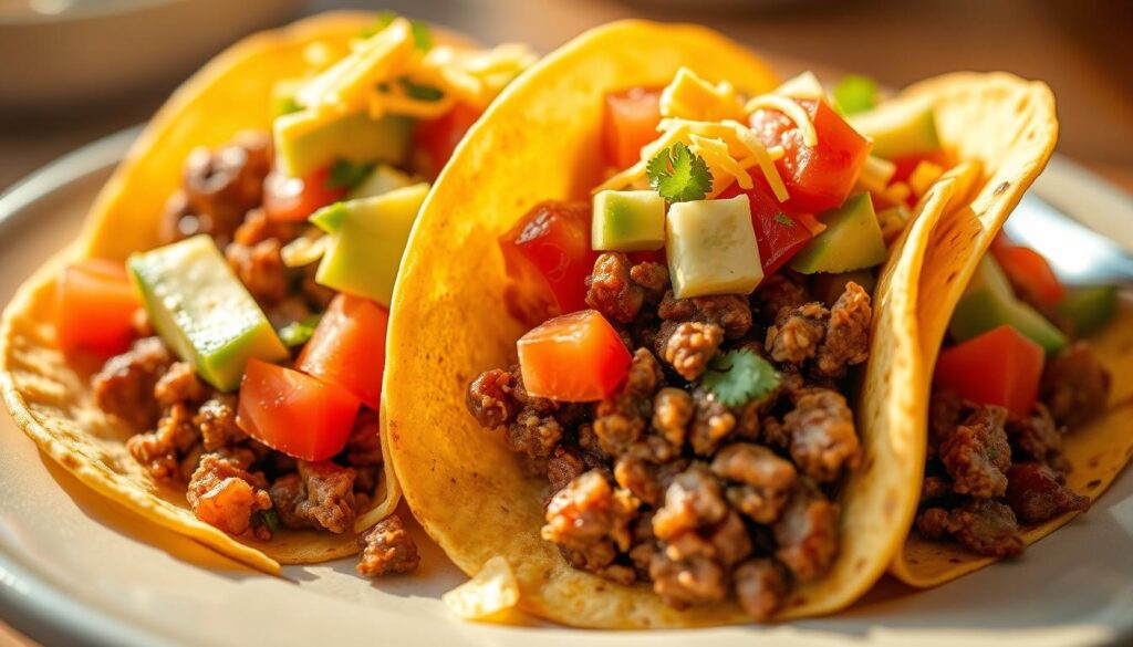 A mouthwatering plate of homemade beef tacos, featuring tender, juicy ground beef seasoned with a blend of Mexican spices, nestled in warm, soft corn tortillas. The tacos are topped with a vibrant mixture of diced tomatoes, crisp lettuce, creamy avocado, and a sprinkle of tangy shredded cheddar cheese. The scene is illuminated by warm, natural lighting, casting a cozy, inviting glow over the delectable dish. The composition emphasizes the textures and colors of the ingredients, drawing the viewer's attention to the delicious details of this classic Mexican dish. A mouthwatering plate of homemade beef tacos, featuring tender, juicy ground beef seasoned with a blend of Mexican spices, nestled in warm, soft corn tortillas. The tacos are topped with a vibrant mixture of diced tomatoes, crisp lettuce, creamy avocado, and a sprinkle of tangy shredded cheddar cheese. The scene is illuminated by warm, natural lighting, casting a cozy, inviting glow over the delectable dish. The composition emphasizes the textures and colors of the ingredients, drawing the viewer's attention to the delicious details of this classic Mexican dish.