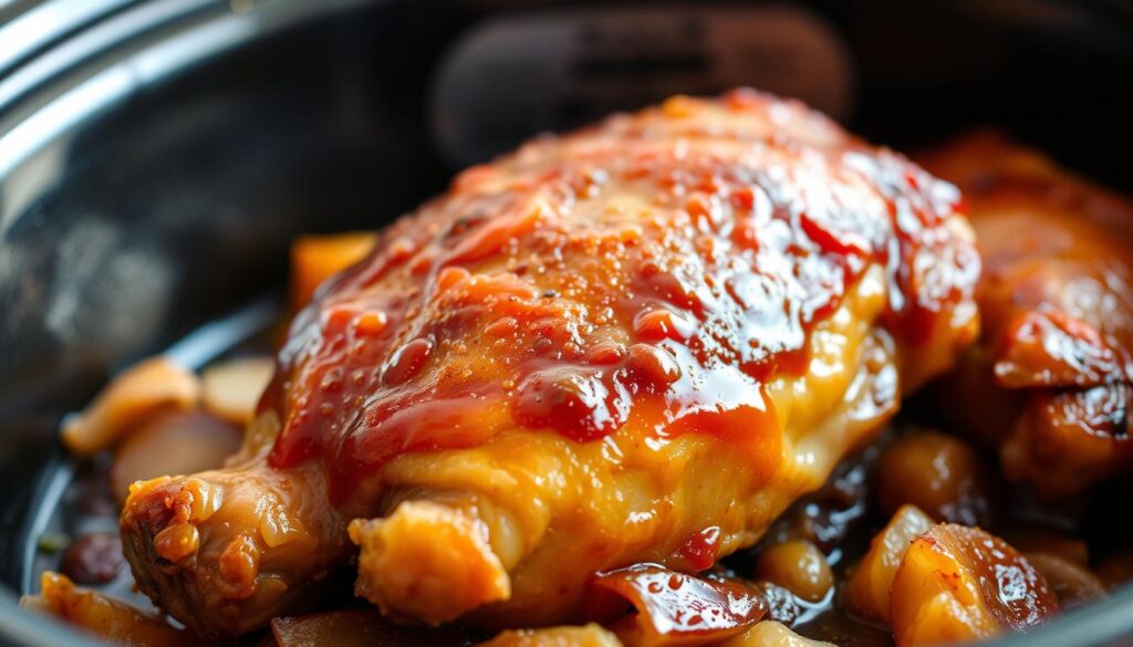 A mouthwatering slow cooker chicken dish, with a glossy caramelized surface and a rich, savory-sweet aroma. In the foreground, a tender chicken thigh, cooked to perfection, sits atop a bed of caramelized onions and garlic. The midground showcases the dish's signature brown sugar glaze, glistening under warm, diffused lighting. In the background, the slow cooker pot is visible, hinting at the gentle, hands-off cooking process. The overall scene exudes a cozy, homey atmosphere, inviting the viewer to imagine the satisfying textures and flavors of this delectable slow cooker brown sugar garlic chicken. A mouthwatering slow cooker chicken dish, with a glossy caramelized surface and a rich, savory-sweet aroma. In the foreground, a tender chicken thigh, cooked to perfection, sits atop a bed of caramelized onions and garlic. The midground showcases the dish's signature brown sugar glaze, glistening under warm, diffused lighting. In the background, the slow cooker pot is visible, hinting at the gentle, hands-off cooking process. The overall scene exudes a cozy, homey atmosphere, inviting the viewer to imagine the satisfying textures and flavors of this delectable slow cooker brown sugar garlic chicken.