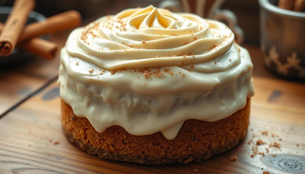 A mouthwatering spice cake with a golden-brown exterior, freshly baked and steaming on a rustic wooden table. Warm, fragrant notes of cinnamon, nutmeg, and ginger waft through the air, inviting the senses. The smooth, creamy cream cheese frosting adorns the top, its rich texture complementing the tender, moist crumb of the cake. Soft, natural lighting casts a cozy glow, highlighting the intricate swirls and peaks of the frosting. The scene evokes the comforting nostalgia of an old-fashioned, homemade treat, ready to be savored and shared. A mouthwatering spice cake with a golden-brown exterior, freshly baked and steaming on a rustic wooden table. Warm, fragrant notes of cinnamon, nutmeg, and ginger waft through the air, inviting the senses. The smooth, creamy cream cheese frosting adorns the top, its rich texture complementing the tender, moist crumb of the cake. Soft, natural lighting casts a cozy glow, highlighting the intricate swirls and peaks of the frosting. The scene evokes the comforting nostalgia of an old-fashioned, homemade treat, ready to be savored and shared.