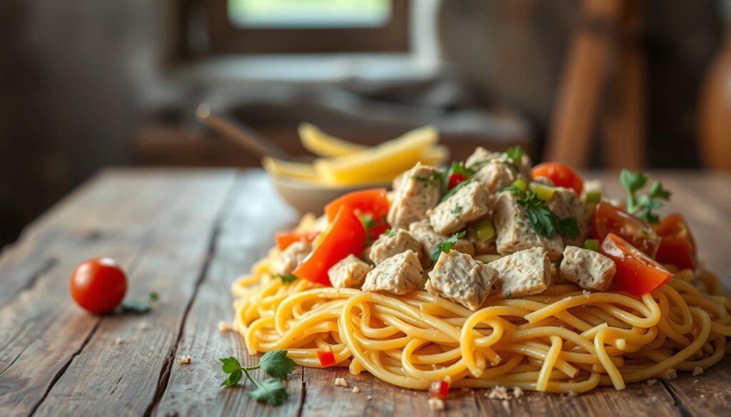 A mouthwatering tuna protein lunch, presented in a rustic, earthy setting. In the foreground, a bed of freshly cooked whole grain pasta is adorned with vibrant chunks of high-quality canned tuna, glistening with olive oil and complemented by a medley of crisp vegetables - juicy cherry tomatoes, crunchy bell peppers, and a scattering of fragrant herbs. The midground showcases a simple, wooden table with a coarse, textured surface, lending an artisanal, homemade feel. In the background, a soft, natural light filters through an open window, casting a warm, inviting glow over the scene. This nutritious and satisfying tuna pasta salad embodies the perfect balance of flavor, texture, and visual appeal for a delectable, high-protein meal prep option. A mouthwatering tuna protein lunch, presented in a rustic, earthy setting. In the foreground, a bed of freshly cooked whole grain pasta is adorned with vibrant chunks of high-quality canned tuna, glistening with olive oil and complemented by a medley of crisp vegetables - juicy cherry tomatoes, crunchy bell peppers, and a scattering of fragrant herbs. The midground showcases a simple, wooden table with a coarse, textured surface, lending an artisanal, homemade feel. In the background, a soft, natural light filters through an open window, casting a warm, inviting glow over the scene. This nutritious and satisfying tuna pasta salad embodies the perfect balance of flavor, texture, and visual appeal for a delectable, high-protein meal prep option.