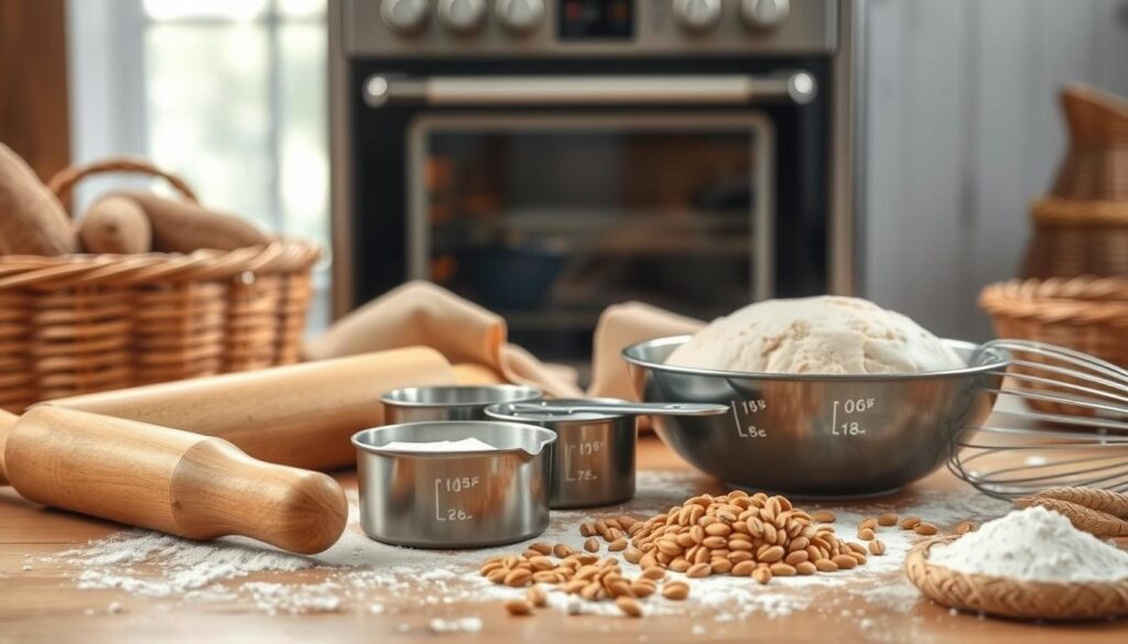 A neatly arranged collection of essential bread-making tools and ingredients, bathed in soft, natural lighting. In the foreground, a wooden rolling pin, measuring cups, and a bowl of freshly kneaded dough, inviting the viewer to envision the tactile process of shaping the loaf. The middle ground showcases a flour-dusted work surface, complemented by a wire whisk, a sprinkling of yeast, and a handful of wheat kernels, symbolizing the fundamental building blocks of bread. In the background, a warm, rustic ambiance is created by a vintage-style oven and a woven basket, hinting at the comforting aroma of freshly baked bread. The overall composition conveys a sense of simplicity, artistry, and the timeless tradition of homemade bread. A neatly arranged collection of essential bread-making tools and ingredients, bathed in soft, natural lighting. In the foreground, a wooden rolling pin, measuring cups, and a bowl of freshly kneaded dough, inviting the viewer to envision the tactile process of shaping the loaf. The middle ground showcases a flour-dusted work surface, complemented by a wire whisk, a sprinkling of yeast, and a handful of wheat kernels, symbolizing the fundamental building blocks of bread. In the background, a warm, rustic ambiance is created by a vintage-style oven and a woven basket, hinting at the comforting aroma of freshly baked bread. The overall composition conveys a sense of simplicity, artistry, and the timeless tradition of homemade bread.