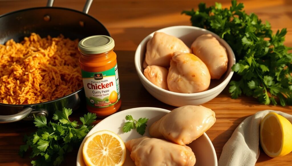 A neatly arranged collection of essential ingredients for a quick and flavorful chicken curry: a pan of fragrant basmati rice, a jar of pre-made curry paste, a bowl of tender chicken thighs, a bundle of fresh cilantro, and a lemon wedge. The scene is bathed in warm, golden light, creating a cozy, inviting atmosphere. The composition is balanced, with the ingredients positioned in an aesthetically pleasing manner, conveying the idea of a simple, yet delicious, homemade meal. The focus is on the key shortcuts that allow for an effortless curry-making experience.