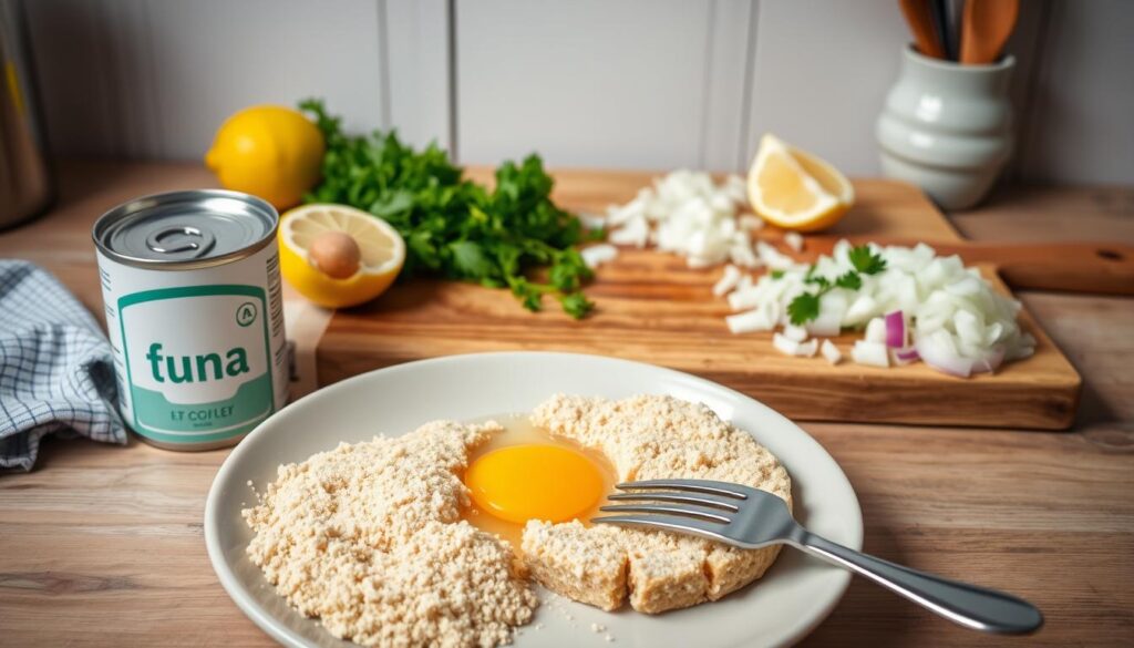 A neatly arranged composition showcasing the essential ingredients for crispy tuna patties. In the foreground, a plate displays a can of tuna, breadcrumbs, an egg, and a fork for mixing. In the middle ground, a cutting board features finely chopped onions, parsley, and lemon wedges. The background features a neutral, softly-lit kitchen setting, with wooden surfaces and subtle metal accents providing a warm, rustic ambiance. The lighting is natural and even, casting gentle shadows and highlights to emphasize the textures and colors of the ingredients. The overall mood is one of simple, wholesome home cooking. A neatly arranged composition showcasing the essential ingredients for crispy tuna patties. In the foreground, a plate displays a can of tuna, breadcrumbs, an egg, and a fork for mixing. In the middle ground, a cutting board features finely chopped onions, parsley, and lemon wedges. The background features a neutral, softly-lit kitchen setting, with wooden surfaces and subtle metal accents providing a warm, rustic ambiance. The lighting is natural and even, casting gentle shadows and highlights to emphasize the textures and colors of the ingredients. The overall mood is one of simple, wholesome home cooking.