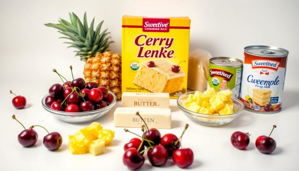 A neatly arranged display of the essential ingredients for a delectable Cherry Pineapple Dump Cake: fresh juicy cherries, sweet pineapple chunks, a box of yellow cake mix, butter, and a can of sweetened condensed milk. The ingredients are evenly spaced on a clean white surface, illuminated by soft, even lighting that highlights their vibrant colors and natural textures. The composition is balanced, with the cherries and pineapple in the foreground, the cake mix and other dry goods in the middle, and the can of condensed milk providing a focal point in the background. The overall mood is one of simplicity, freshness, and the promise of a delicious homemade treat.