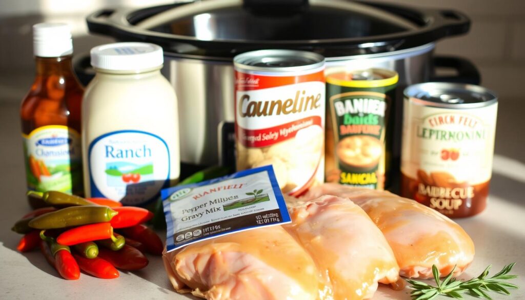 A neatly arranged selection of ingredients for Crock Pot Mississippi Chicken. In the foreground, juicy chicken thighs, a jar of ranch dressing, and a packet of au jus gravy mix. In the middle ground, a handful of pepperoncini peppers, a can of cream of mushroom soup, and a bottle of barbecue sauce. In the background, a slow cooker with the lid open, showcasing the warm, inviting atmosphere. Soft, natural lighting illuminates the scene, casting gentle shadows and highlighting the textures of the various ingredients. The overall mood is one of hearty, homemade comfort food, perfectly suited for the "Ingredients Needed for Crock Pot Mississippi Chicken" section of the article. A neatly arranged selection of ingredients for Crock Pot Mississippi Chicken. In the foreground, juicy chicken thighs, a jar of ranch dressing, and a packet of au jus gravy mix. In the middle ground, a handful of pepperoncini peppers, a can of cream of mushroom soup, and a bottle of barbecue sauce. In the background, a slow cooker with the lid open, showcasing the warm, inviting atmosphere. Soft, natural lighting illuminates the scene, casting gentle shadows and highlighting the textures of the various ingredients. The overall mood is one of hearty, homemade comfort food, perfectly suited for the "Ingredients Needed for Crock Pot Mississippi Chicken" section of the article.