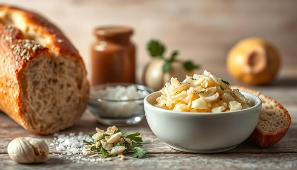 A neatly arranged still life composition capturing the essential ingredients for a classic garlic bread recipe. In the foreground, a fresh baguette, sliced and ready to be toasted, sits alongside a bowl of freshly minced garlic, its pungent aroma permeating the scene. In the middle ground, a small pile of coarse sea salt and a sprinkle of dried parsley flakes add depth and texture. The background is softly lit, creating a warm, inviting atmosphere that suggests the comforting flavors to come. Captured with a shallow depth of field, the focus draws the viewer's attention to the star ingredients, emphasizing their importance in creating the perfect garlic bread. A neatly arranged still life composition capturing the essential ingredients for a classic garlic bread recipe. In the foreground, a fresh baguette, sliced and ready to be toasted, sits alongside a bowl of freshly minced garlic, its pungent aroma permeating the scene. In the middle ground, a small pile of coarse sea salt and a sprinkle of dried parsley flakes add depth and texture. The background is softly lit, creating a warm, inviting atmosphere that suggests the comforting flavors to come. Captured with a shallow depth of field, the focus draws the viewer's attention to the star ingredients, emphasizing their importance in creating the perfect garlic bread.