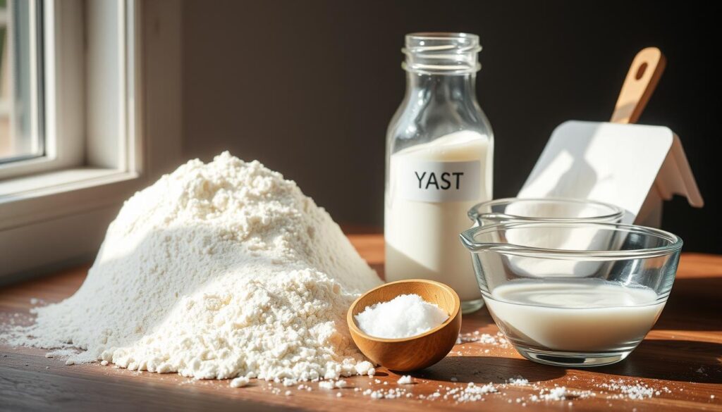A neatly arranged still life featuring the key ingredients for homemade bread: a pile of all-purpose flour, a glass jar of yeast, a wooden spoon, a measuring cup, a pinch of salt, and a bowl of warm water. The scene is illuminated by soft, natural light filtering through a window, casting gentle shadows and highlighting the textural details of the ingredients. The overall mood is one of simplicity, warmth, and the promise of a satisfying, from-scratch baking experience. A neatly arranged still life featuring the key ingredients for homemade bread: a pile of all-purpose flour, a glass jar of yeast, a wooden spoon, a measuring cup, a pinch of salt, and a bowl of warm water. The scene is illuminated by soft, natural light filtering through a window, casting gentle shadows and highlighting the textural details of the ingredients. The overall mood is one of simplicity, warmth, and the promise of a satisfying, from-scratch baking experience.