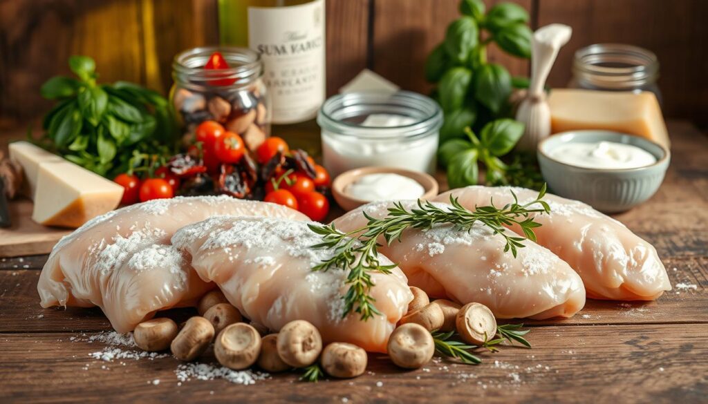 A neatly arranged still life on a rustic wooden surface, showcasing the essential ingredients for a creamy Tuscan chicken dish. In the foreground, tender chicken breasts, coated in a light dusting of flour, rest alongside a pile of sliced button mushrooms and a handful of fresh thyme sprigs. In the middle ground, a glass jar of sun-dried tomatoes, a wedge of Parmesan cheese, and a small dish of heavy cream create a harmonious color palette. The background features a bottle of white wine, a jar of garlic cloves, and a bundle of fresh basil leaves, casting warm, natural lighting over the entire scene, evoking the cozy, inviting atmosphere of an Italian kitchen.