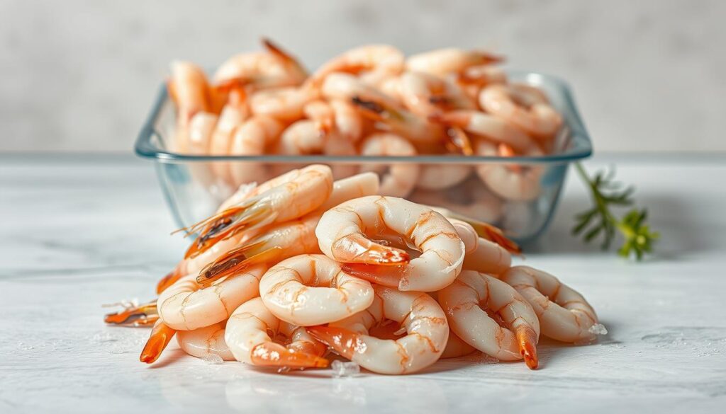 A neatly arranged still life showcasing the contrast between fresh and frozen shrimp. In the foreground, a pile of plump, pink shrimp glistening with fresh ocean water, their delicate shells subtly reflecting the soft, natural lighting. In the middle ground, a transparent container reveals frozen shrimp, their icy crystals catching the light, creating a sparkling effect. The background features a neutral, slightly blurred surface, allowing the shrimp to be the focal point. The overall mood is one of culinary anticipation, highlighting the essential ingredients for a Salmon New Orleans dish - fresh, high-quality seafood. A neatly arranged still life showcasing the contrast between fresh and frozen shrimp. In the foreground, a pile of plump, pink shrimp glistening with fresh ocean water, their delicate shells subtly reflecting the soft, natural lighting. In the middle ground, a transparent container reveals frozen shrimp, their icy crystals catching the light, creating a sparkling effect. The background features a neutral, slightly blurred surface, allowing the shrimp to be the focal point. The overall mood is one of culinary anticipation, highlighting the essential ingredients for a Salmon New Orleans dish - fresh, high-quality seafood.