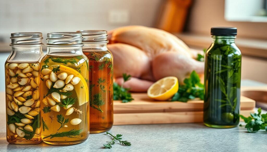 A neatly arranged still life showcasing various healthy chicken marinades. In the foreground, glass jars filled with vibrant garlic and herb-infused oil, their contents glistening. In the middle ground, a wooden cutting board with fresh herbs, lemon wedges, and a whole chicken, ready to be marinated. The background features a neutral-toned kitchen counter, bathed in warm, natural lighting, creating a cozy and inviting atmosphere. The overall composition emphasizes the simplicity and effectiveness of these homemade marinades, highlighting their ability to transform ordinary chicken into a flavorful and nutritious meal.
