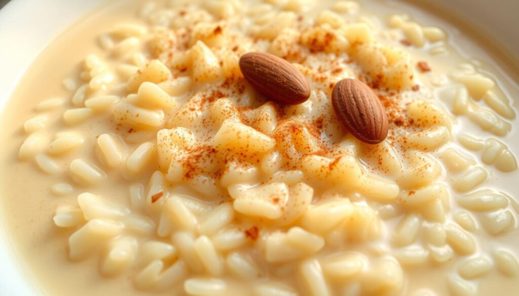 A neatly presented arroz con leche dish, with creamy, gently simmered rice grains bathed in a luscious, fragrant milk-based sauce. Delicate vanilla notes and a gentle cinnamon aroma waft through the air. The dish is garnished with a dusting of ground cinnamon and a few sliced almonds, creating a visually appealing and appetizing presentation. The scene is captured in soft, diffused lighting, perhaps through a window or with a subtle backlight, lending a warm, comforting atmosphere. The camera angle is slightly elevated, showcasing the dish in an inviting, almost platter-like composition, drawing the viewer's attention to the enticing texture and flavors of this classic Mexican rice pudding. A neatly presented arroz con leche dish, with creamy, gently simmered rice grains bathed in a luscious, fragrant milk-based sauce. Delicate vanilla notes and a gentle cinnamon aroma waft through the air. The dish is garnished with a dusting of ground cinnamon and a few sliced almonds, creating a visually appealing and appetizing presentation. The scene is captured in soft, diffused lighting, perhaps through a window or with a subtle backlight, lending a warm, comforting atmosphere. The camera angle is slightly elevated, showcasing the dish in an inviting, almost platter-like composition, drawing the viewer's attention to the enticing texture and flavors of this classic Mexican rice pudding.
