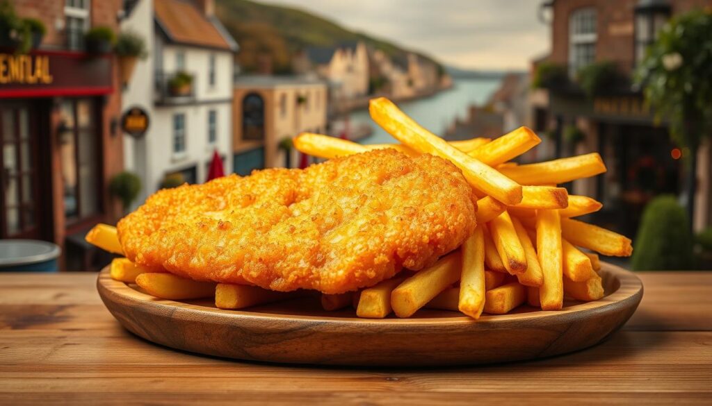 A perfectly crisp golden-brown beer-battered cod fillet, served with a generous portion of hot, fluffy, and golden french fries. The fish is meticulously fried to a delectable crunch, while the fries are expertly seasoned and beautifully arranged on a rustic wooden plate. In the background, a backdrop of traditional British pubs and quaint coastal towns sets the scene, capturing the essence of this quintessential English dish. The warm, inviting lighting casts a soft glow, and the overall composition evokes a cozy, comforting atmosphere, perfectly complementing the mouthwatering subject. A perfectly crisp golden-brown beer-battered cod fillet, served with a generous portion of hot, fluffy, and golden french fries. The fish is meticulously fried to a delectable crunch, while the fries are expertly seasoned and beautifully arranged on a rustic wooden plate. In the background, a backdrop of traditional British pubs and quaint coastal towns sets the scene, capturing the essence of this quintessential English dish. The warm, inviting lighting casts a soft glow, and the overall composition evokes a cozy, comforting atmosphere, perfectly complementing the mouthwatering subject.