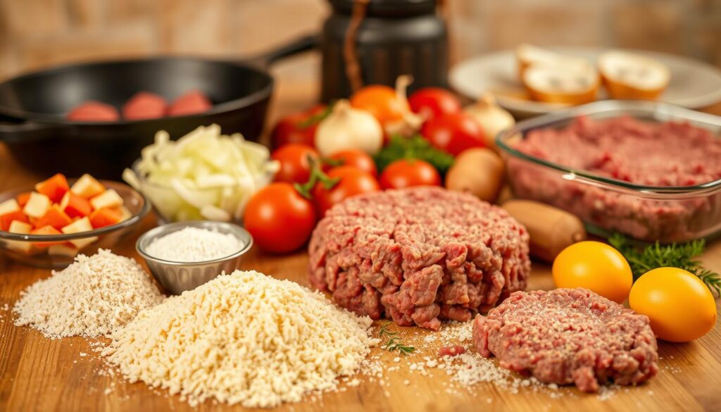 A perfectly lit tabletop scene showcasing the essential ingredients for a delectable Amish hamburger steak bake. In the foreground, a selection of freshly ground beef, breadcrumbs, eggs, and seasonings like salt, pepper, and onion powder. In the middle ground, fresh produce like diced onions, tomatoes, and mushrooms. In the background, a cast-iron skillet and a baking dish, hinting at the cooking process. The lighting is warm and inviting, creating a cozy, homemade atmosphere. The angle is slightly elevated, allowing the viewer to appreciate the carefully curated arrangement of the ingredients. A perfectly lit tabletop scene showcasing the essential ingredients for a delectable Amish hamburger steak bake. In the foreground, a selection of freshly ground beef, breadcrumbs, eggs, and seasonings like salt, pepper, and onion powder. In the middle ground, fresh produce like diced onions, tomatoes, and mushrooms. In the background, a cast-iron skillet and a baking dish, hinting at the cooking process. The lighting is warm and inviting, creating a cozy, homemade atmosphere. The angle is slightly elevated, allowing the viewer to appreciate the carefully curated arrangement of the ingredients.