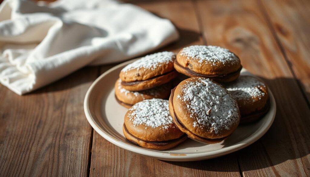 A plate of freshly baked, golden-brown chocolate biscuits sits on a rustic wooden surface, steam gently rising from the tender crumb. The biscuits are perfectly round, with a subtle sheen and a dusting of powdered sugar across the tops. The lighting is warm and inviting, casting soft shadows that highlight the delicate texture and rich chocolate aroma. In the background, a simple white linen napkin adds a touch of elegance, complementing the homemade charm of the biscuits. The scene evokes the cozy comfort of a kitchen on a chilly day, inviting the viewer to imagine the satisfying first bite of these easy, indulgent treats.