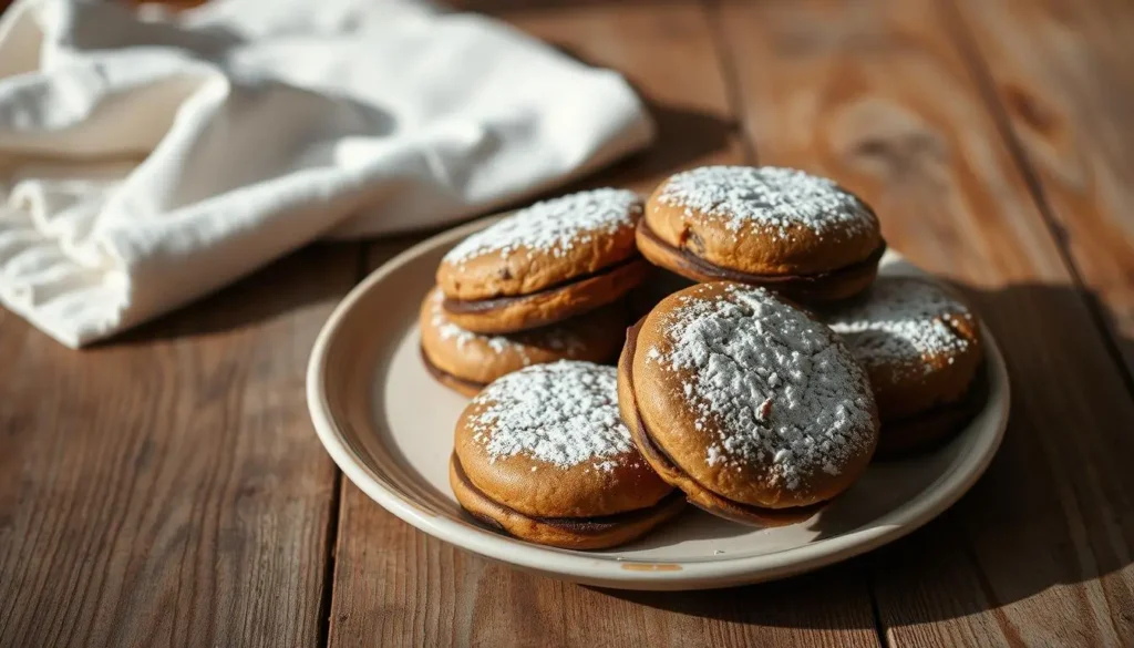A plate of freshly baked, golden-brown chocolate biscuits sits on a rustic wooden surface, steam gently rising from the tender crumb. The biscuits are perfectly round, with a subtle sheen and a dusting of powdered sugar across the tops. The lighting is warm and inviting, casting soft shadows that highlight the delicate texture and rich chocolate aroma. In the background, a simple white linen napkin adds a touch of elegance, complementing the homemade charm of the biscuits. The scene evokes the cozy comfort of a kitchen on a chilly day, inviting the viewer to imagine the satisfying first bite of these easy, indulgent treats. A-plate-of-freshly-baked-golden-brown-chocolate-biscuits-sits-on-a-rustic-wooden-surface