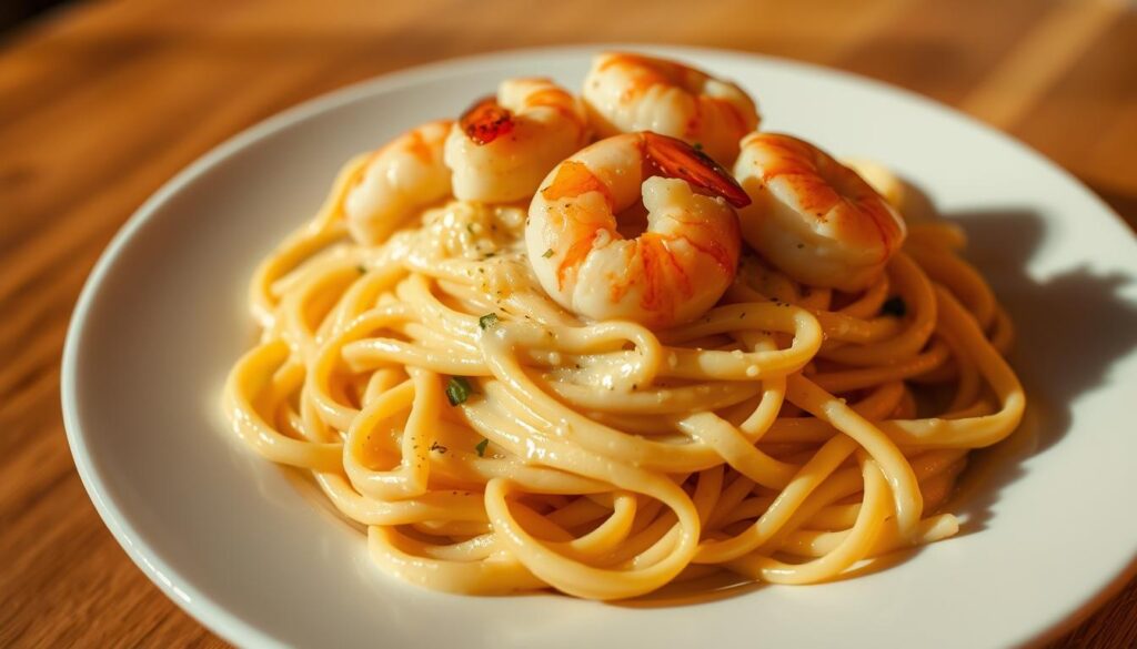 A plate of freshly prepared shrimp alfredo pasta, with al dente fettuccine noodles coated in a rich, creamy garlic-infused Parmesan sauce. Plump, juicy shrimp sautéed in butter and garlic are artfully arranged atop the pasta, creating a visually striking and mouthwatering dish. The plate is set against a softly blurred background, allowing the pasta to be the focal point. Warm, ambient lighting casts gentle shadows, highlighting the dish's unique textures and making the sauce glisten. The overall composition conveys a sense of indulgence and culinary expertise, inviting the viewer to experience the unparalleled flavors of this shrimp alfredo pasta.