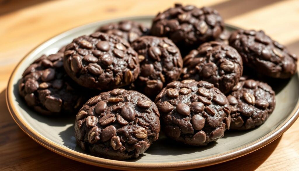 A platter of freshly made no-bake chocolate oatmeal cookies, arranged in a natural, rustic manner against a warm, wooden background. The cookies have a rich, dark chocolate hue, studded with chewy oats and a subtle glistening texture. Soft natural lighting casts gentle shadows, highlighting the appetizing appeal of these simple yet indulgent treats. The overall scene evokes a cozy, homemade atmosphere, inviting the viewer to imagine the satisfying flavor and texture of these effortless, comforting cookies.