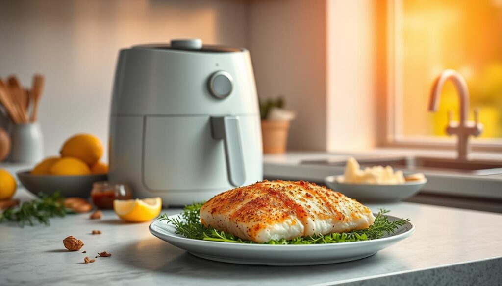 A pristine white air fryer sits prominently on a sleek, minimalist kitchen counter. The appliance is surrounded by an assortment of fresh, healthy ingredients - flaky white fish fillets, lemon wedges, and aromatic herbs and spices. Warm, golden light filters through a nearby window, casting a soft glow over the scene and highlighting the air fryer's modern, streamlined design. In the foreground, a plate of perfectly cooked, moist and flavorful air-fried cod fish takes center stage, its crispy exterior and moist, tender interior a testament to the air fryer's efficiency and versatility. The overall mood is one of clean, healthy living and the joys of simple, delicious home-cooked meals. A pristine white air fryer sits prominently on a sleek, minimalist kitchen counter. The appliance is surrounded by an assortment of fresh, healthy ingredients - flaky white fish fillets, lemon wedges, and aromatic herbs and spices. Warm, golden light filters through a nearby window, casting a soft glow over the scene and highlighting the air fryer's modern, streamlined design. In the foreground, a plate of perfectly cooked, moist and flavorful air-fried cod fish takes center stage, its crispy exterior and moist, tender interior a testament to the air fryer's efficiency and versatility. The overall mood is one of clean, healthy living and the joys of simple, delicious home-cooked meals.