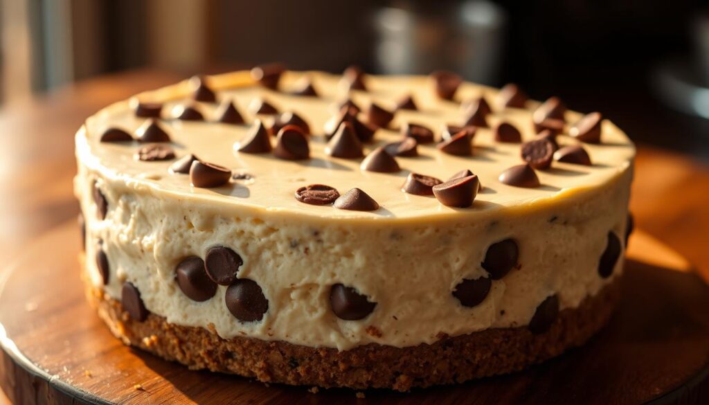 A rich and indulgent chocolate chip cheesecake, the creamy filling dotted with gooey chocolate chunks, resting atop a crisp buttery graham cracker crust. Smooth and luscious, the cheesecake is lit from above, casting soft shadows that highlight its luxurious texture. The scene is captured in warm, golden lighting, creating an inviting and appetizing atmosphere. The camera angle is slightly elevated, allowing the viewer to gaze down upon the decadent dessert, its irresistible allure practically leaping off the screen. A rich and indulgent chocolate chip cheesecake, the creamy filling dotted with gooey chocolate chunks, resting atop a crisp buttery graham cracker crust. Smooth and luscious, the cheesecake is lit from above, casting soft shadows that highlight its luxurious texture. The scene is captured in warm, golden lighting, creating an inviting and appetizing atmosphere. The camera angle is slightly elevated, allowing the viewer to gaze down upon the decadent dessert, its irresistible allure practically leaping off the screen.