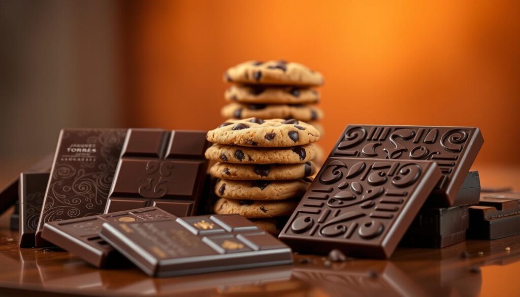 A rich, glossy display of Jacques Torres' renowned chocolate creations. In the foreground, an artfully arranged selection of Torres' signature chocolate bars, each with a unique blend of cocoa, intricately detailed with intricate patterns and shimmering metallic accents. In the middle ground, a stack of Torres' famous chocolate chip cookies, their golden-brown surfaces dotted with glistening chocolate chunks, fresh from the oven. The background features a warm, softly lit studio setting, highlighting the luxurious, handcrafted nature of these chocolate masterpieces. Warm, inviting lighting casts a subtle glow, creating a sense of elegance and craftsmanship. The overall scene exudes a refined, artisanal atmosphere, showcasing the excellence and attention to detail that defines Jacques Torres' chocolate legacy. A rich, glossy display of Jacques Torres' renowned chocolate creations. In the foreground, an artfully arranged selection of Torres' signature chocolate bars, each with a unique blend of cocoa, intricately detailed with intricate patterns and shimmering metallic accents. In the middle ground, a stack of Torres' famous chocolate chip cookies, their golden-brown surfaces dotted with glistening chocolate chunks, fresh from the oven. The background features a warm, softly lit studio setting, highlighting the luxurious, handcrafted nature of these chocolate masterpieces. Warm, inviting lighting casts a subtle glow, creating a sense of elegance and craftsmanship. The overall scene exudes a refined, artisanal atmosphere, showcasing the excellence and attention to detail that defines Jacques Torres' chocolate legacy.