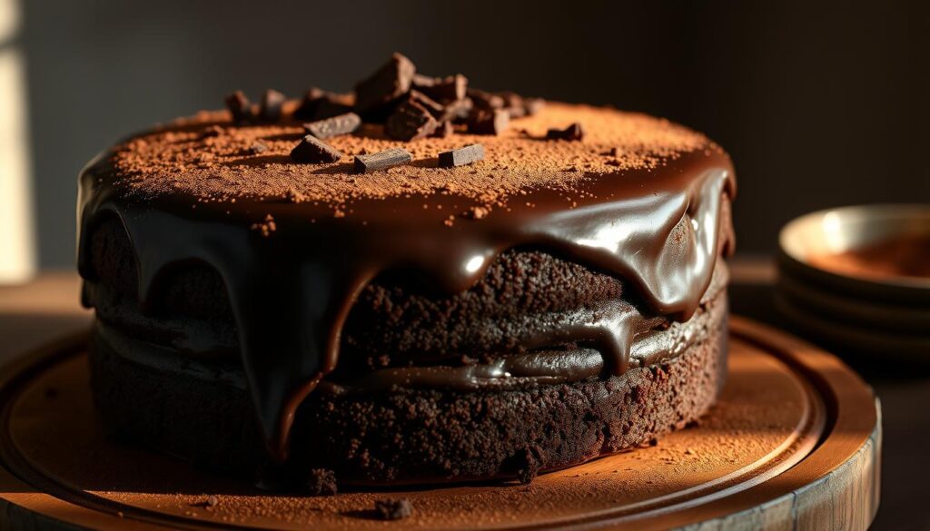 A rich, moist chocolate cake with a glistening dark chocolate ganache frosting, topped with shaved dark chocolate and dusted with a light coating of cocoa powder. The cake sits on a wooden serving platter, backlit by soft, warm lighting that casts subtle shadows, creating a cozy, inviting atmosphere. The camera angle is slightly elevated, capturing the decadent layers and textures of the cake in an appetizing close-up. The overall mood is indulgent, yet sophisticated, highlighting the best qualities of this keto-friendly chocolate dessert. A rich, moist chocolate cake with a glistening dark chocolate ganache frosting, topped with shaved dark chocolate and dusted with a light coating of cocoa powder. The cake sits on a wooden serving platter, backlit by soft, warm lighting that casts subtle shadows, creating a cozy, inviting atmosphere. The camera angle is slightly elevated, capturing the decadent layers and textures of the cake in an appetizing close-up. The overall mood is indulgent, yet sophisticated, highlighting the best qualities of this keto-friendly chocolate dessert.
