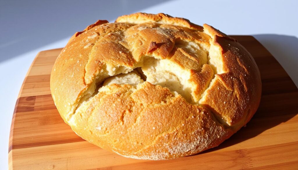 A rustic, artisanal loaf of bread, freshly baked, resting on a wooden cutting board. The crust is golden-brown and crisp, with a soft, airy interior visible through a slight tear in the surface. Warm lighting from above casts soft shadows, highlighting the intricate patterns and textures of the bread. The composition is simple yet inviting, placing the bread as the central focus, with a clean, uncluttered background that allows the simplicity and quality of the baked good to shine. The overall scene conveys a sense of effortless, homemade comfort and the satisfaction of creating something delicious with minimal effort.