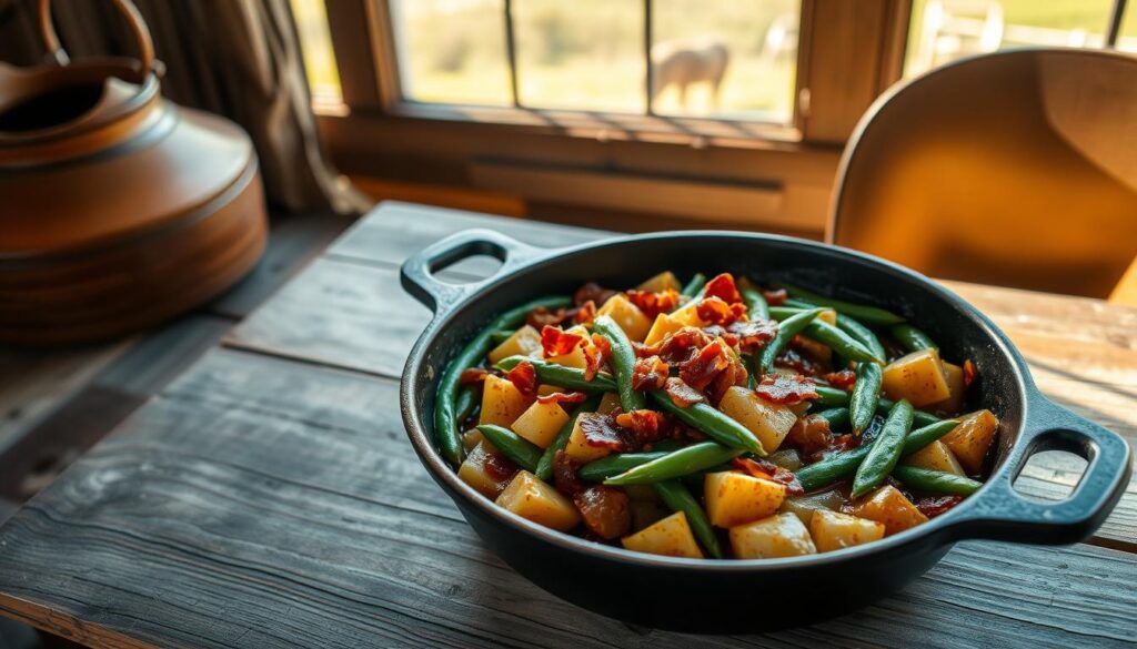 A rustic country ranch setting, with a simple yet hearty dish taking center stage. A large, cast-iron skillet filled with tender green beans and chunky potatoes, simmered in a rich, savory sauce and dotted with crispy bacon bits. Soft, natural lighting filters in through a nearby window, casting a warm, golden glow over the scene. The weathered wooden table and countryside backdrop create a comforting, homespun atmosphere, inviting the viewer to imagine sitting down to savor this satisfying, home-cooked meal. A rustic country ranch setting, with a simple yet hearty dish taking center stage. A large, cast-iron skillet filled with tender green beans and chunky potatoes, simmered in a rich, savory sauce and dotted with crispy bacon bits. Soft, natural lighting filters in through a nearby window, casting a warm, golden glow over the scene. The weathered wooden table and countryside backdrop create a comforting, homespun atmosphere, inviting the viewer to imagine sitting down to savor this satisfying, home-cooked meal.