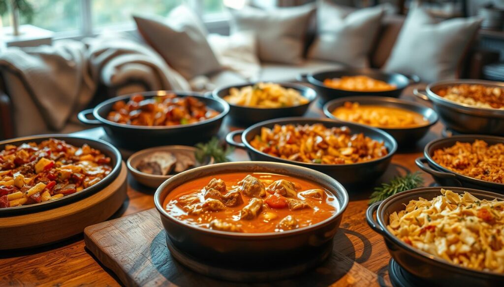 A rustic, cozy kitchen scene with a variety of hearty one-pan meals arranged on a wooden table. In the foreground, a creamy tomato chicken skillet simmers, its rich aroma filling the air. Surrounding it, other comforting dishes like a savory beef and vegetable stew, a cheesy baked pasta, and a fragrant chicken and rice casserole. The lighting is warm and inviting, casting a soft glow over the scene. In the background, a glimpse of a cozy living room with plush blankets and pillows, hinting at the perfect setting for enjoying these comforting meals. The overall mood is one of homey comfort and nourishment.