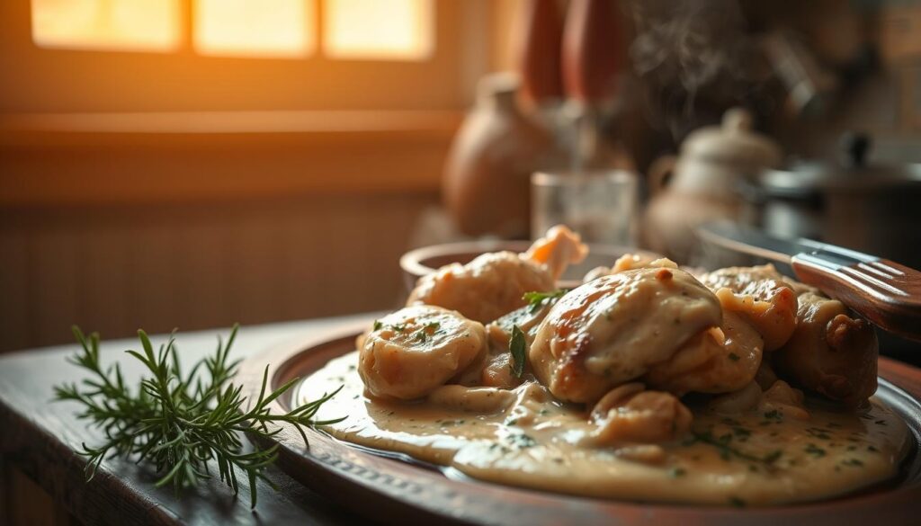 A rustic kitchen counter, adorned with a steaming crock pot, its contents a delectable blend of tender chicken, creamy sauce, and aromatic herbs. The inviting aroma fills the air, beckoning the viewer to imagine the flavors that await. A delicate sprig of rosemary rests nearby, its vibrant green hues adding a touch of freshness to the scene. Warm, golden lighting from above casts a cozy glow, highlighting the rich textures of the ceramic dishware and the glossy sheen of the chicken. In the background, a soft, blurred backdrop of a kitchen window, allowing the focus to remain on the captivating "marry me chicken" dish, a comforting and tempting centerpiece. A rustic kitchen counter, adorned with a steaming crock pot, its contents a delectable blend of tender chicken, creamy sauce, and aromatic herbs. The inviting aroma fills the air, beckoning the viewer to imagine the flavors that await. A delicate sprig of rosemary rests nearby, its vibrant green hues adding a touch of freshness to the scene. Warm, golden lighting from above casts a cozy glow, highlighting the rich textures of the ceramic dishware and the glossy sheen of the chicken. In the background, a soft, blurred backdrop of a kitchen window, allowing the focus to remain on the captivating "marry me chicken" dish, a comforting and tempting centerpiece.