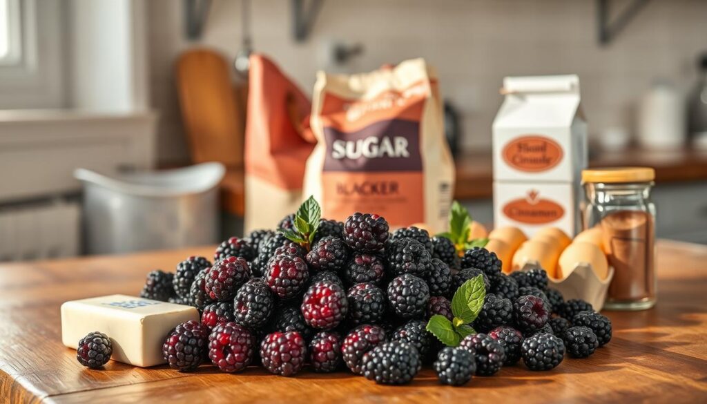 A rustic kitchen counter is illuminated by warm, natural light, showcasing a vibrant arrangement of blackberries, a stick of butter, a bag of flour, a carton of eggs, a box of sugar, and a jar of cinnamon. The ingredients are carefully placed, creating a visually appealing still life. The scene exudes a cozy, homemade atmosphere, inviting the viewer to imagine the delicious blackberry dump cake that will soon emerge from the oven. A rustic kitchen counter is illuminated by warm, natural light, showcasing a vibrant arrangement of blackberries, a stick of butter, a bag of flour, a carton of eggs, a box of sugar, and a jar of cinnamon. The ingredients are carefully placed, creating a visually appealing still life. The scene exudes a cozy, homemade atmosphere, inviting the viewer to imagine the delicious blackberry dump cake that will soon emerge from the oven.