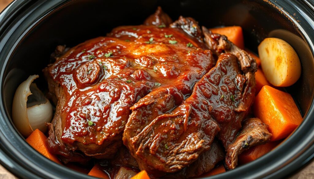 A rustic, well-lit slow cooker filled with tender, mouthwatering brisket, surrounded by aromatic vegetables like onions, carrots, and potatoes. The brisket has a deep, caramelized crust and a rich, glossy sauce glistening on the surface. Herbs and spices add depth of flavor, while the slow-cooked beef practically falls apart at the touch of a fork. The scene evokes a cozy, homey atmosphere, perfect for a hearty, comforting meal. The camera angle showcases the brisket as the star of the dish, highlighting its juicy, succulent texture.