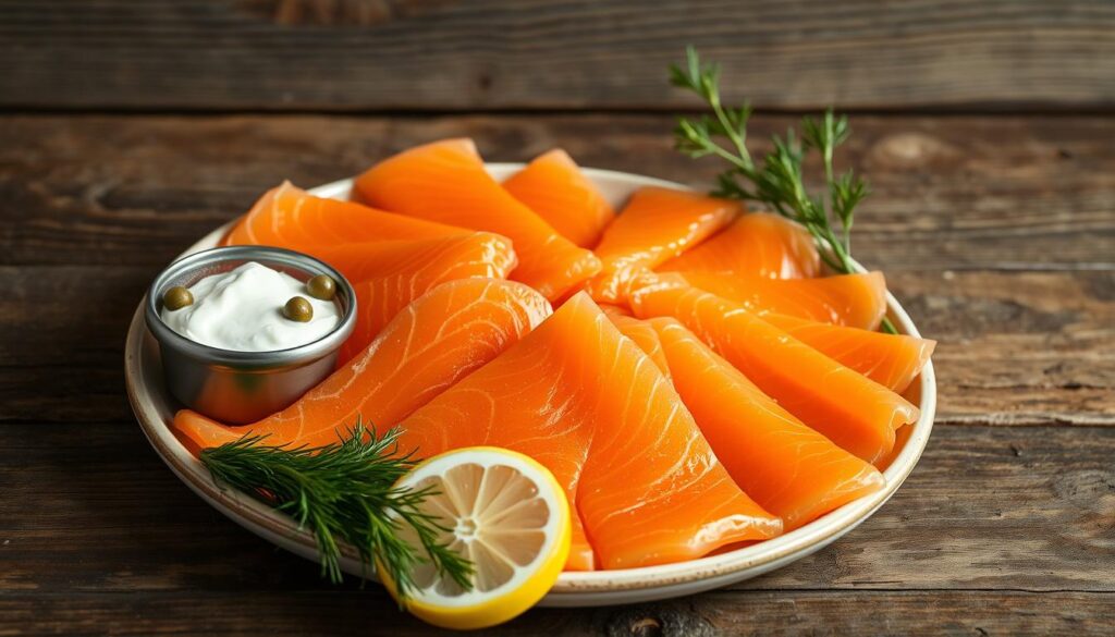 A rustic wooden backdrop, with a center focus on a beautifully arranged plate of cold smoked salmon. The salmon slices are perfectly even, glistening with a delicate sheen, arranged in an appetizing display. In the foreground, a selection of complementary ingredients - capers, crème fraîche, thin slices of lemon, and fresh dill sprigs - add pops of color and texture. Soft, natural lighting casts gentle shadows, heightening the artisanal quality of the scene. The overall mood is one of simple elegance, highlighting the premium quality and healthy benefits of homemade cold smoked salmon. A rustic wooden backdrop, with a center focus on a beautifully arranged plate of cold smoked salmon. The salmon slices are perfectly even, glistening with a delicate sheen, arranged in an appetizing display. In the foreground, a selection of complementary ingredients - capers, crème fraîche, thin slices of lemon, and fresh dill sprigs - add pops of color and texture. Soft, natural lighting casts gentle shadows, heightening the artisanal quality of the scene. The overall mood is one of simple elegance, highlighting the premium quality and healthy benefits of homemade cold smoked salmon.