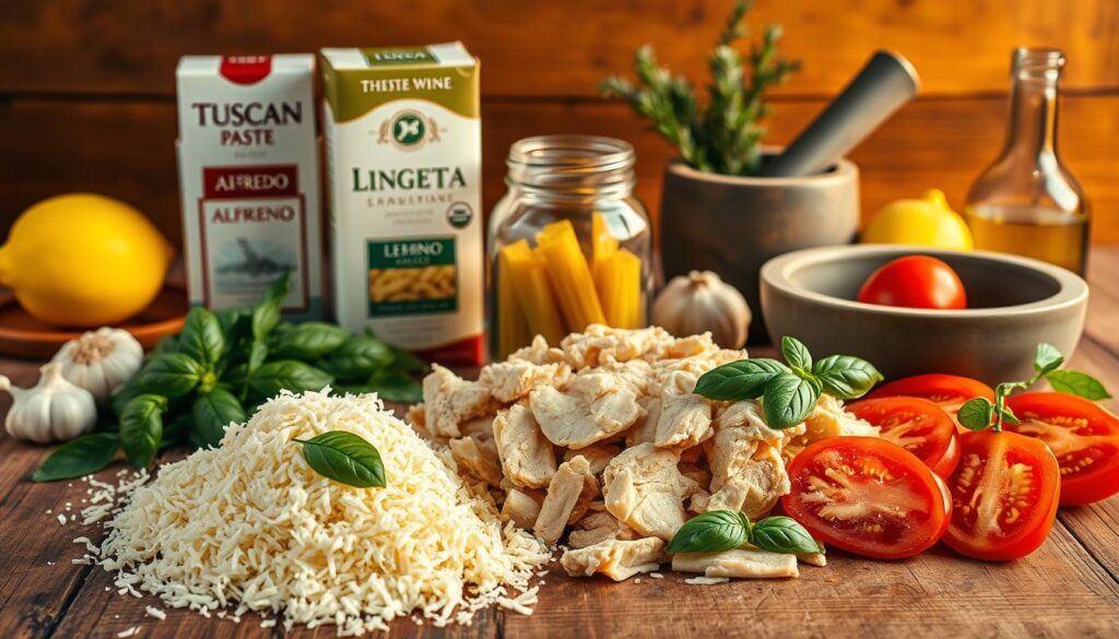 A rustic wooden table is set with an array of ingredients for a delectable Tuscan Chicken Pasta dish. In the foreground, a pile of fresh, grated Parmesan cheese and a sprig of fragrant basil leaves. Beside them, a pile of cooked, shredded chicken and sliced roma tomatoes. In the middle ground, a jar of creamy Alfredo sauce, a box of linguine pasta, and a glass jar filled with dry white wine. In the background, a mortar and pestle filled with crushed garlic, a half-sliced lemon, and a handful of fresh thyme sprigs. The scene is bathed in warm, golden lighting, evoking the cozy, homemade ambiance of an authentic Tuscan kitchen. A rustic wooden table is set with an array of ingredients for a delectable Tuscan Chicken Pasta dish. In the foreground, a pile of fresh, grated Parmesan cheese and a sprig of fragrant basil leaves. Beside them, a pile of cooked, shredded chicken and sliced roma tomatoes. In the middle ground, a jar of creamy Alfredo sauce, a box of linguine pasta, and a glass jar filled with dry white wine. In the background, a mortar and pestle filled with crushed garlic, a half-sliced lemon, and a handful of fresh thyme sprigs. The scene is bathed in warm, golden lighting, evoking the cozy, homemade ambiance of an authentic Tuscan kitchen.