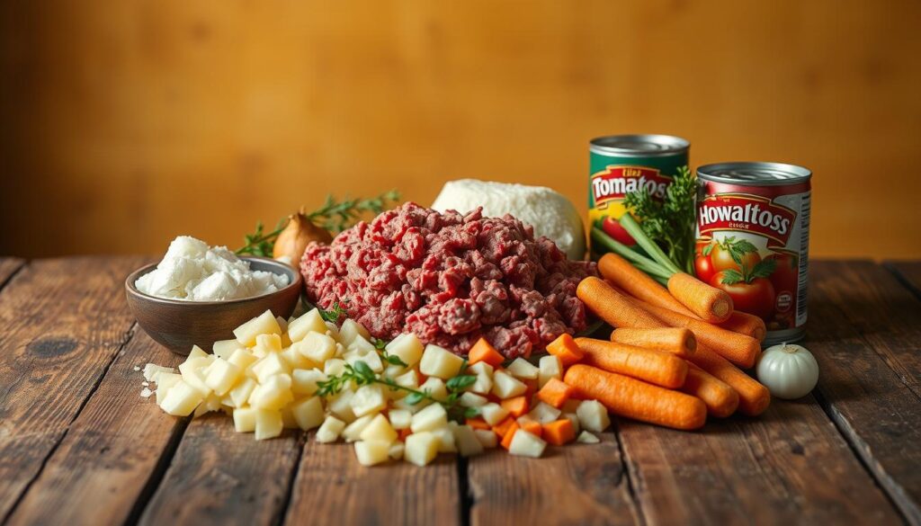 A rustic wooden table set against a warm, natural background. In the center, an assortment of ingredients for a hearty hobo casserole: fresh ground beef, diced potatoes, onions, carrots, and a can of diced tomatoes. The lighting is soft and atmospheric, casting gentle shadows and highlighting the textures of the ingredients. The scene conveys a sense of homemade comfort and simplicity, perfect for a classic ground beef casserole recipe. A rustic wooden table set against a warm, natural background. In the center, an assortment of ingredients for a hearty hobo casserole: fresh ground beef, diced potatoes, onions, carrots, and a can of diced tomatoes. The lighting is soft and atmospheric, casting gentle shadows and highlighting the textures of the ingredients. The scene conveys a sense of homemade comfort and simplicity, perfect for a classic ground beef casserole recipe.