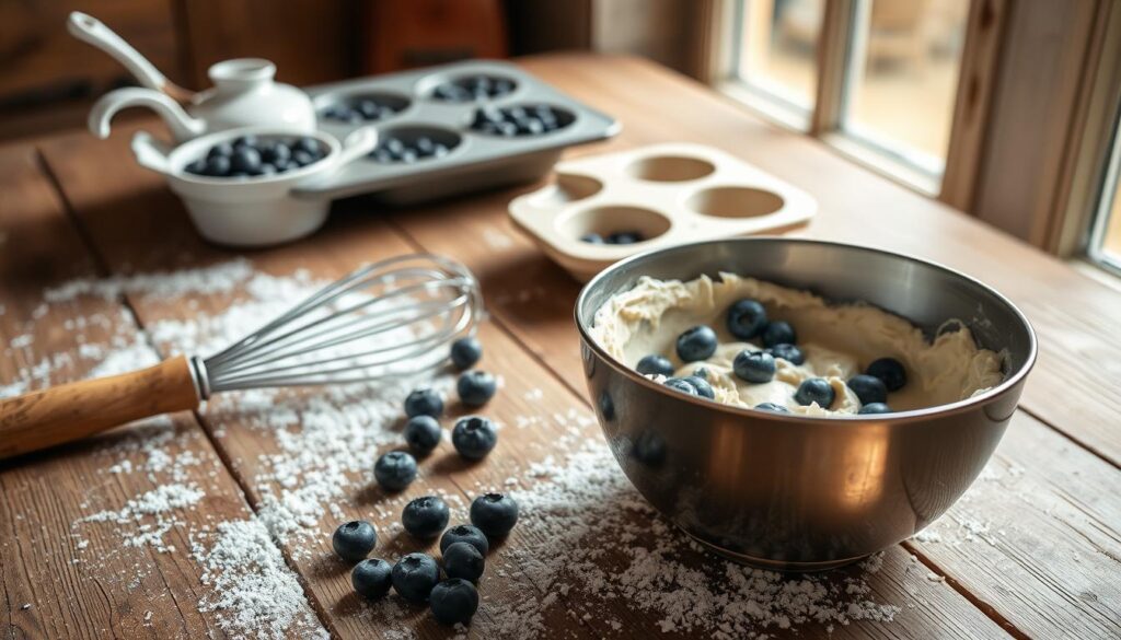 A rustic wooden table, the surface dusted with fine coconut flour, serves as the backdrop for a baking scene. In the foreground, a stainless steel mixing bowl filled with a smooth, creamy batter flecked with vibrant blueberries. Nearby, a hand-held whisk sits at the ready, its metal tines catching the warm, natural light filtering in from a large window. In the middle ground, a vintage ceramic baking dish, its muffin cups waiting to be filled with the coconut flour-based mixture. The overall atmosphere is one of homespun comfort and culinary experimentation, hinting at the delicious and healthful muffins soon to emerge from the oven. A rustic wooden table, the surface dusted with fine coconut flour, serves as the backdrop for a baking scene. In the foreground, a stainless steel mixing bowl filled with a smooth, creamy batter flecked with vibrant blueberries. Nearby, a hand-held whisk sits at the ready, its metal tines catching the warm, natural light filtering in from a large window. In the middle ground, a vintage ceramic baking dish, its muffin cups waiting to be filled with the coconut flour-based mixture. The overall atmosphere is one of homespun comfort and culinary experimentation, hinting at the delicious and healthful muffins soon to emerge from the oven.