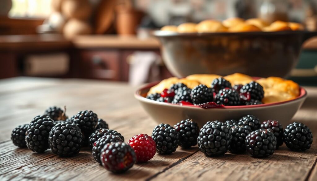 A rustic wooden table with a variety of fresh blackberries, ripe and inviting, arranged in the foreground. In the mid-ground, a steaming bowl of homemade blackberry cobbler, its golden crust glistening under the warm, natural lighting. The background features a cozy kitchen setting, with hints of vintage decor and soft, muted tones that create a welcoming, comforting atmosphere. The scene is captured with a shallow depth of field, emphasizing the focus on the delectable dessert and the juicy, plump blackberries. An overall mood of simple, wholesome, and effortless elegance. A rustic wooden table with a variety of fresh blackberries, ripe and inviting, arranged in the foreground. In the mid-ground, a steaming bowl of homemade blackberry cobbler, its golden crust glistening under the warm, natural lighting. The background features a cozy kitchen setting, with hints of vintage decor and soft, muted tones that create a welcoming, comforting atmosphere. The scene is captured with a shallow depth of field, emphasizing the focus on the delectable dessert and the juicy, plump blackberries. An overall mood of simple, wholesome, and effortless elegance.